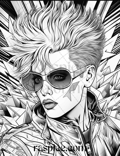 1980s New Wave Pop Star Grayscale Coloring Pages Printable for Adults, PDF File Instant Download