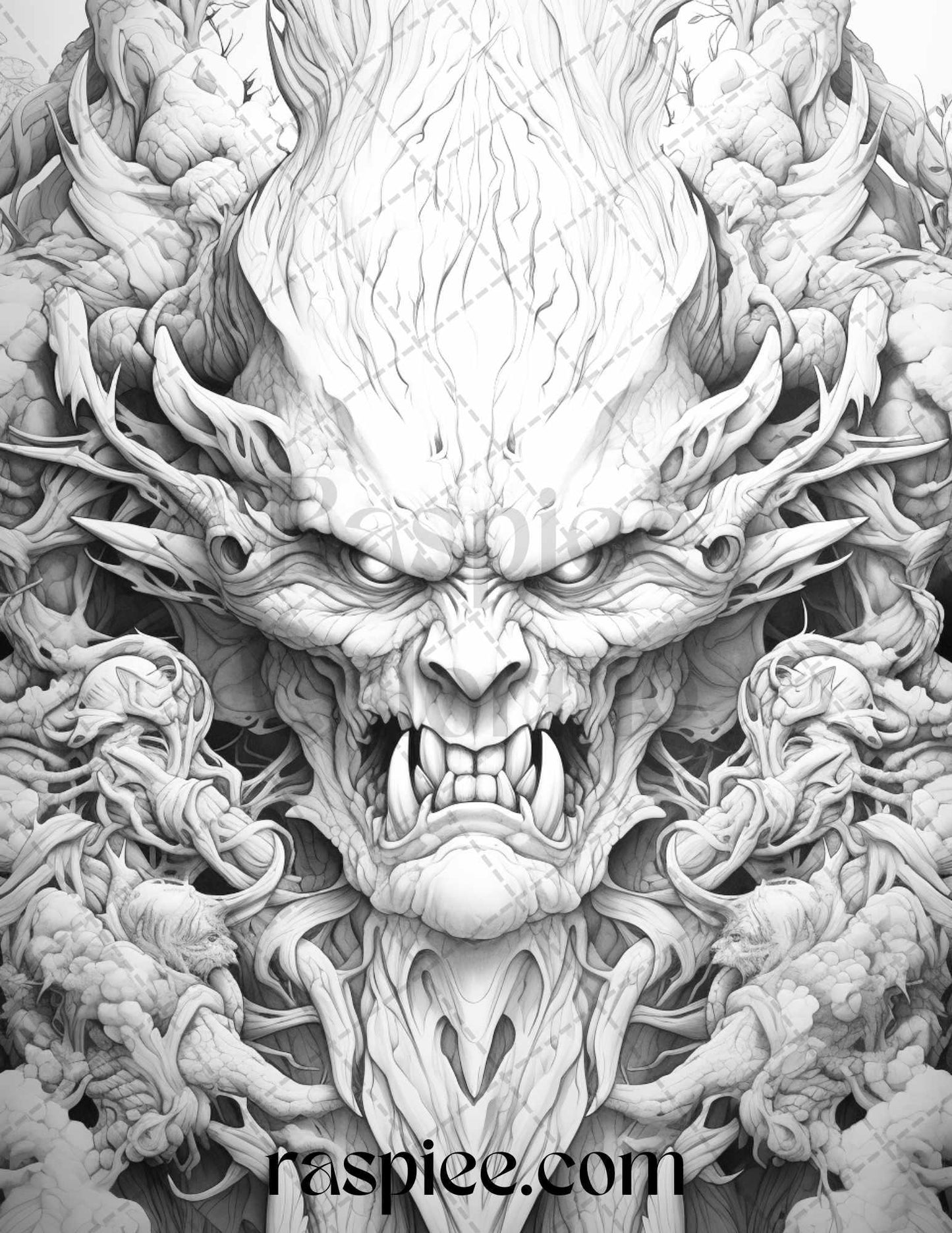 43 Fantasy Demons Grayscale Coloring Pages for Adults, Printable PDF File Instant Download