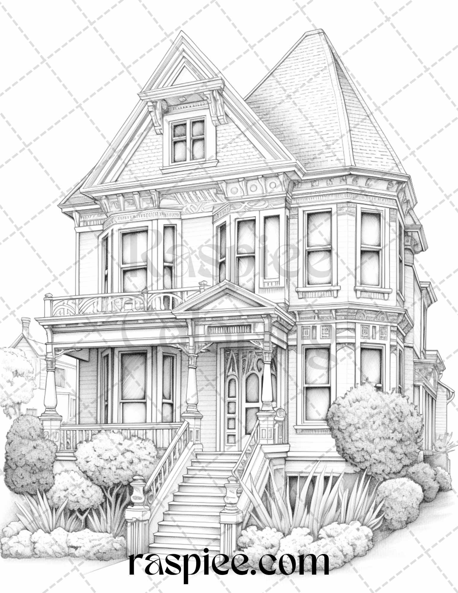 40 Victorian Houses Grayscale Coloring Pages Printable for Adults, PDF File Instant Download