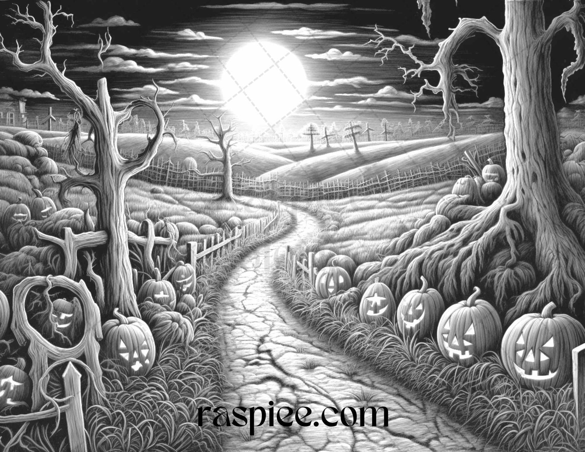 40 Halloween Landscapes Grayscale Coloring Pages Printable for Adults, PDF File Instant Download