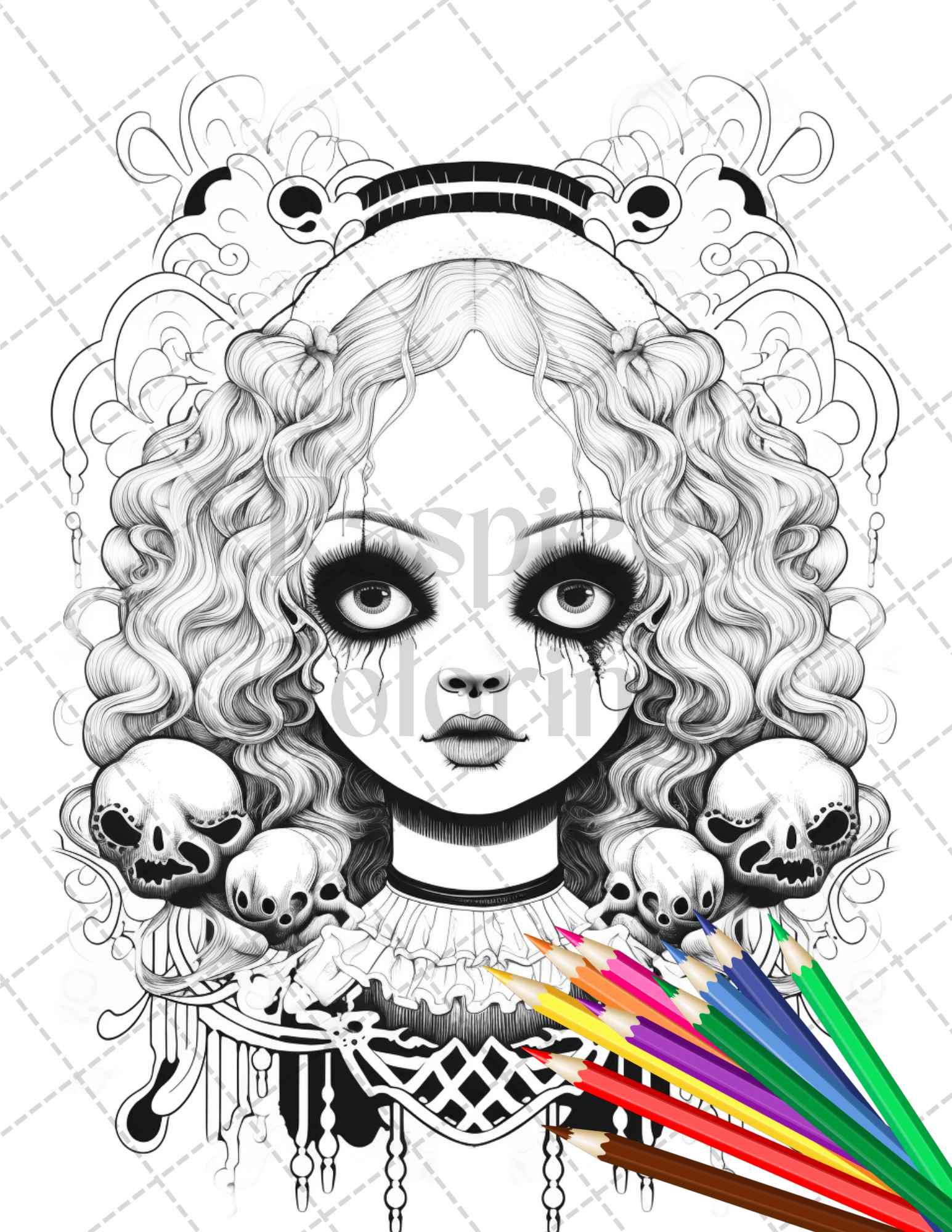 40 Creepy Porcelain Dolls Grayscale Coloring Pages for Adults, PDF File Instant Download