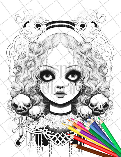 40 Creepy Porcelain Dolls Grayscale Coloring Pages for Adults, PDF File Instant Download