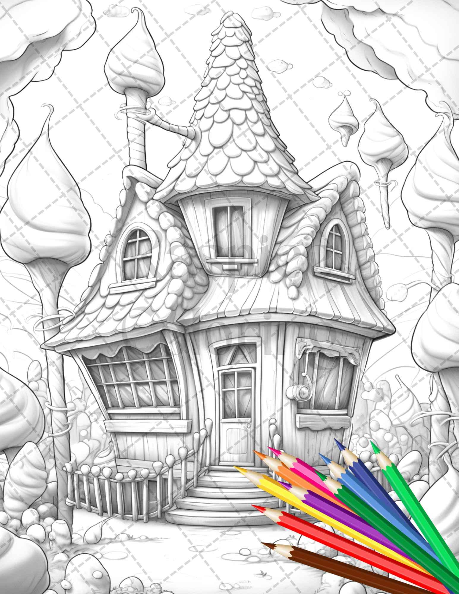 33 Ice Cream Houses Grayscale Coloring Pages Printable for Adults and Kids, PDF File Instant Download