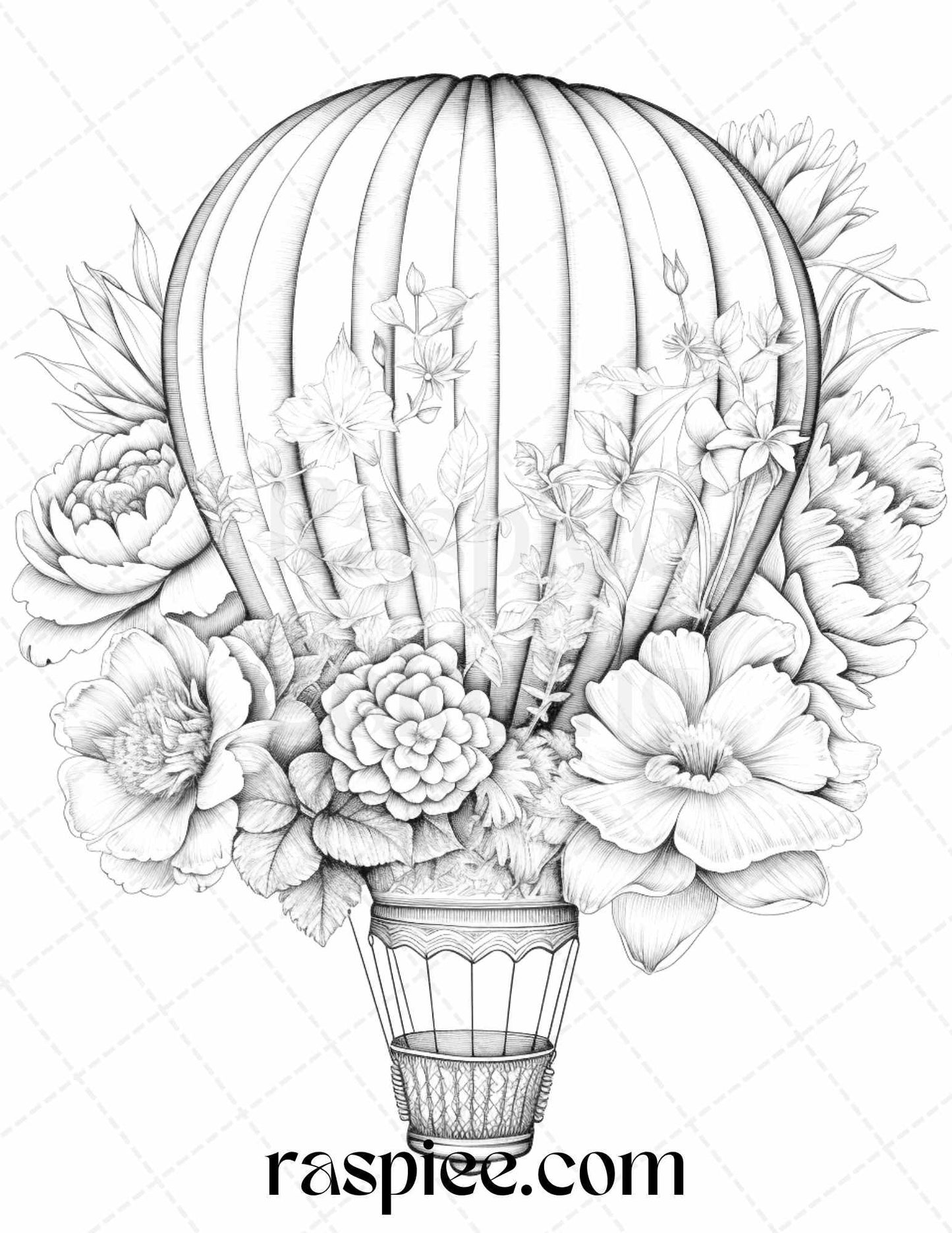 42 Flower Hot Air Balloons Grayscale Coloring Pages Printable for Adults, PDF File Instant Download