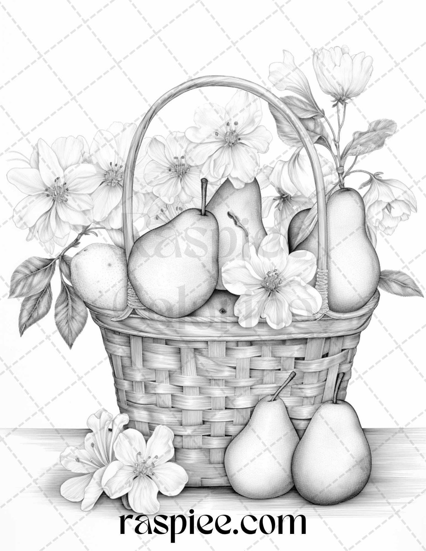 40 Fruit Basket Grayscale Coloring Pages Printable for Adults, PDF File Instant Download