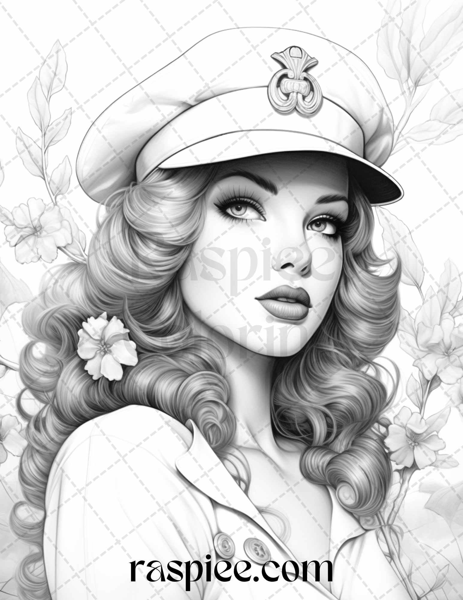 40 Sailor Pin Up Girls Grayscale Coloring Pages Printable for Adults, PDF File Instant Download