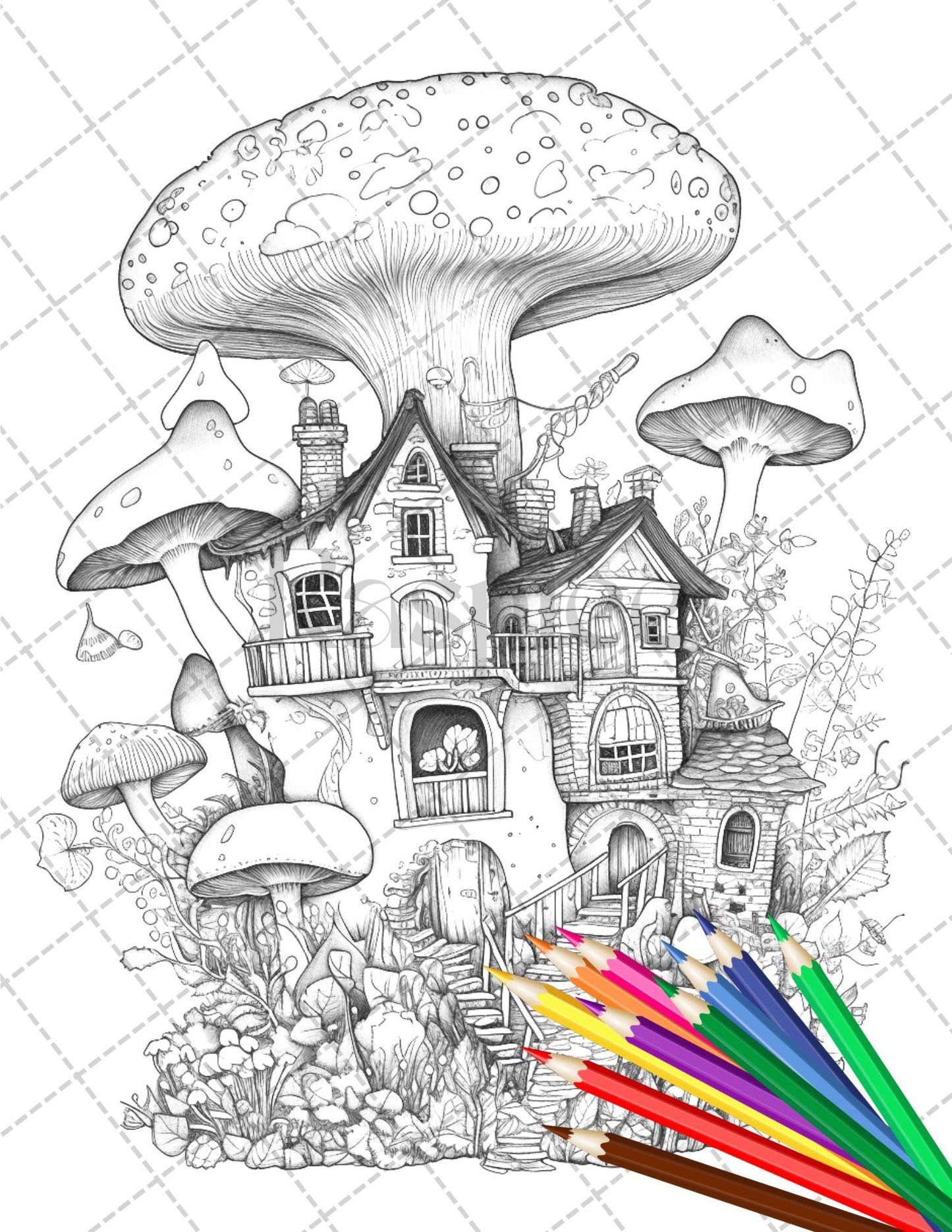 32 Whimsical Mushroom House Coloring Pages for Adults, Grayscale Coloring Book, Printable PDF File Download