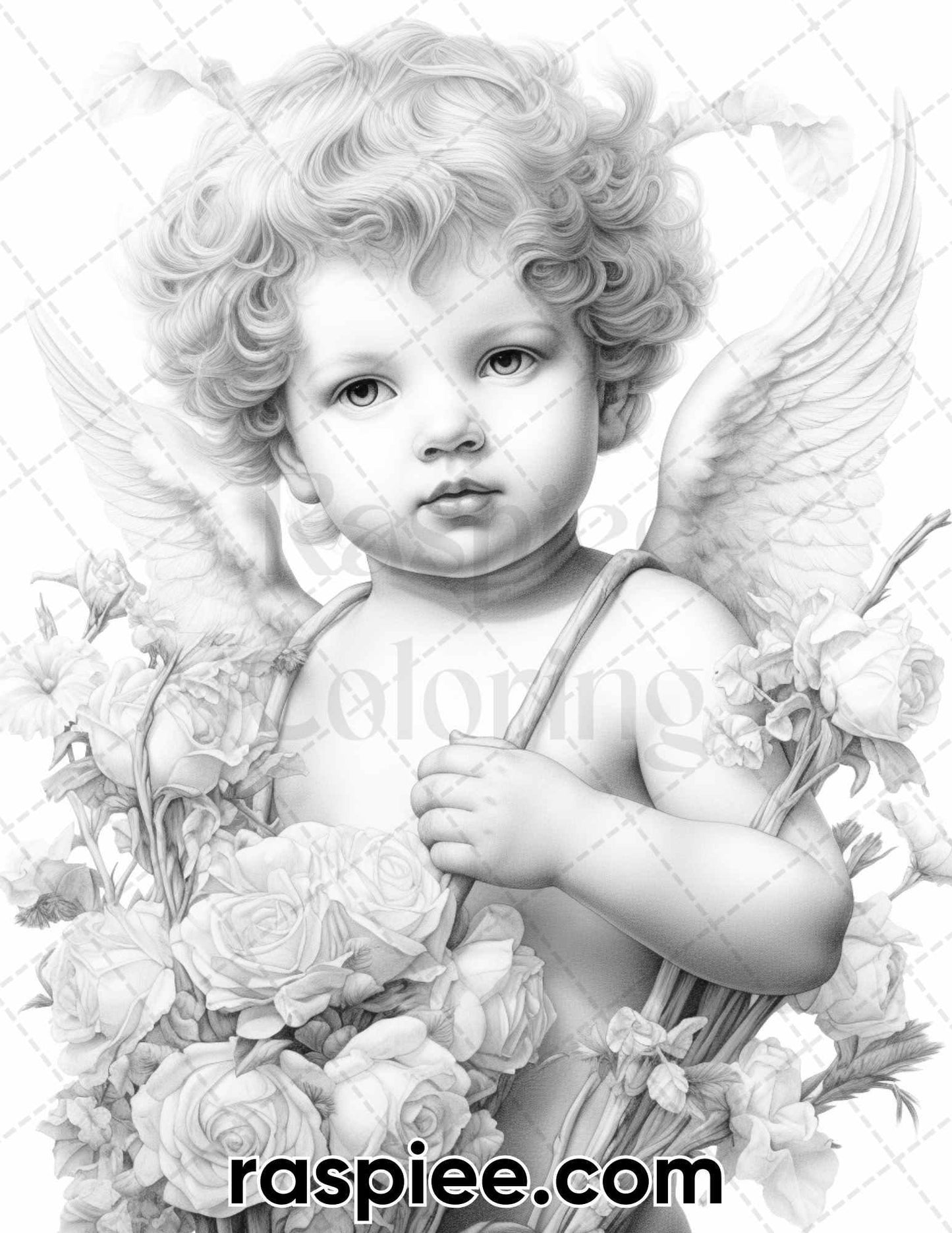 40 Valentine's Day Cupid Grayscale Adult Coloring Pages, Printable PDF Instant Download