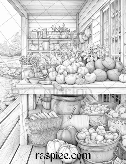 40 Farmstead Serenity Grayscale Coloring Pages Printable for Adults, PDF File Instant Download