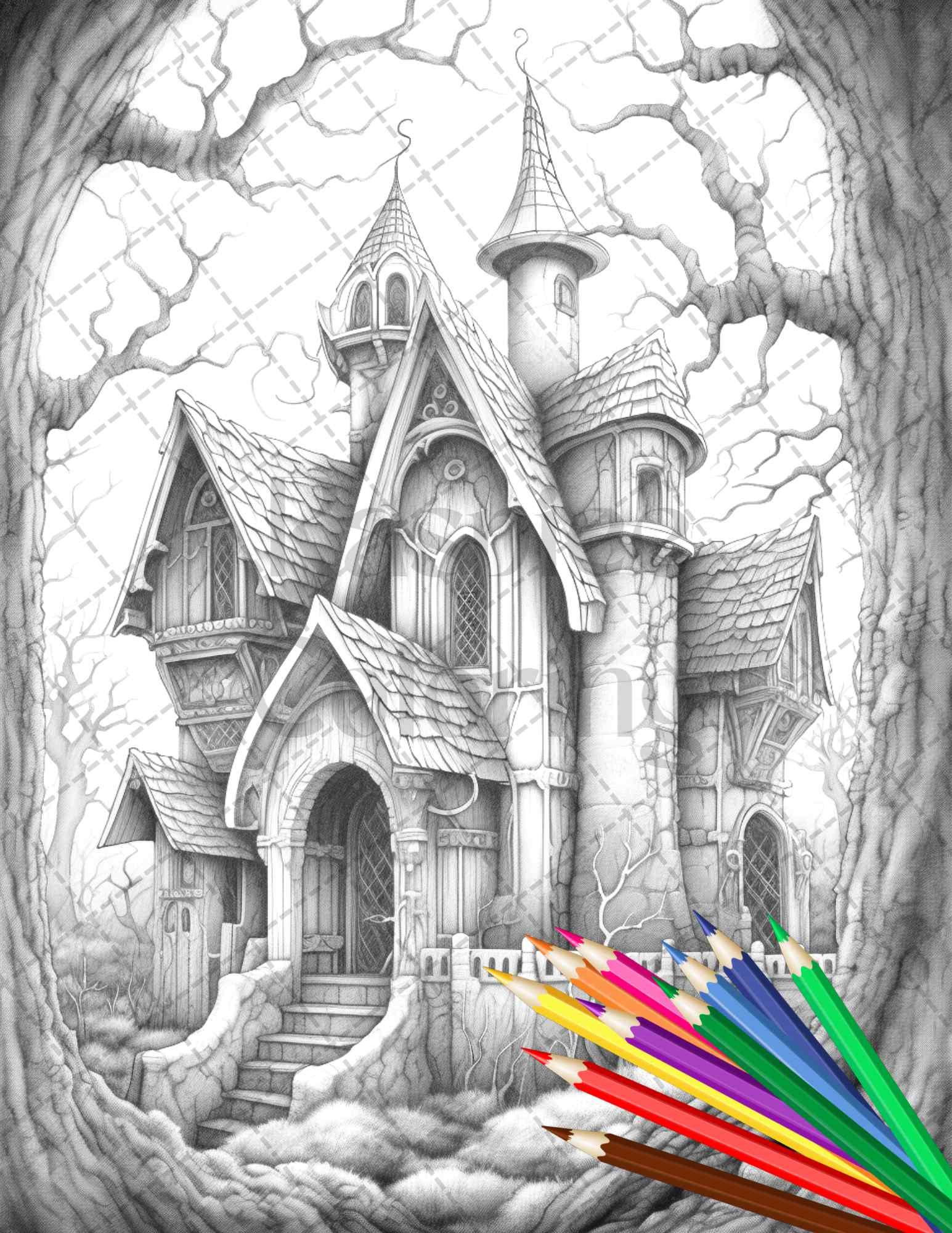 40 Creepy Gothic Houses Grayscale Coloring Pages Printable for Adults, PDF File Instant Download