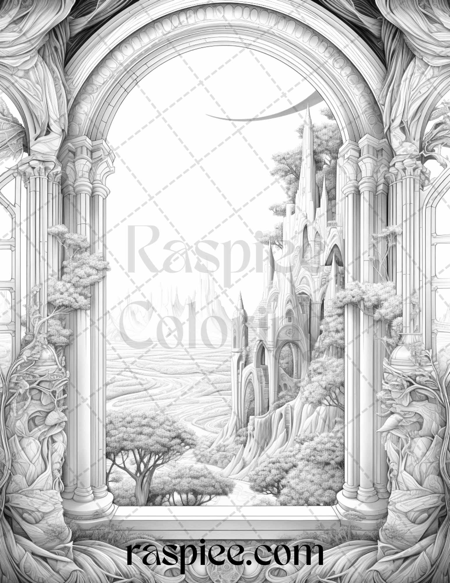 40 Window to Fantasy Worlds Grayscale Coloring Pages Printable for Adults, PDF File Instant Download