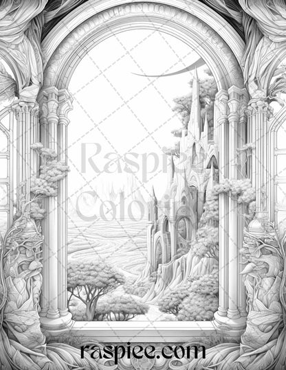 40 Window to Fantasy Worlds Grayscale Coloring Pages Printable for Adults, PDF File Instant Download