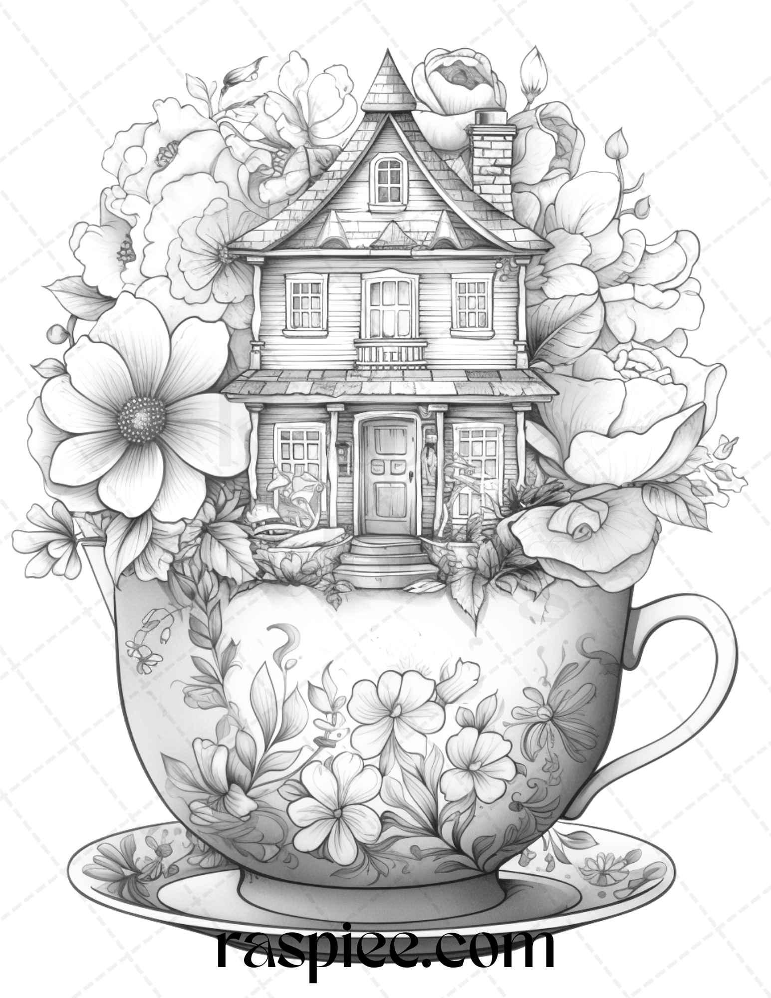 40 Flower Teacup Fairy Houses Grayscale Coloring Pages Printable for Adults, PDF File Instant Download