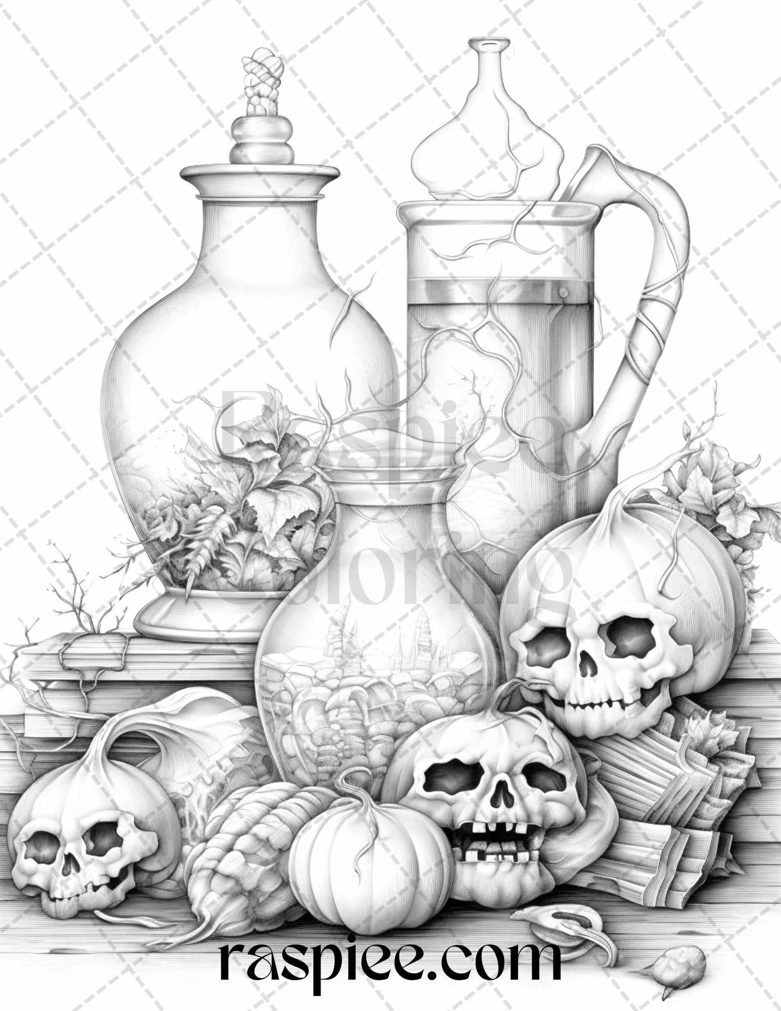 40 Mystical Magic Potions Grayscale Coloring Pages Printable for Adults, PDF File Instant Download