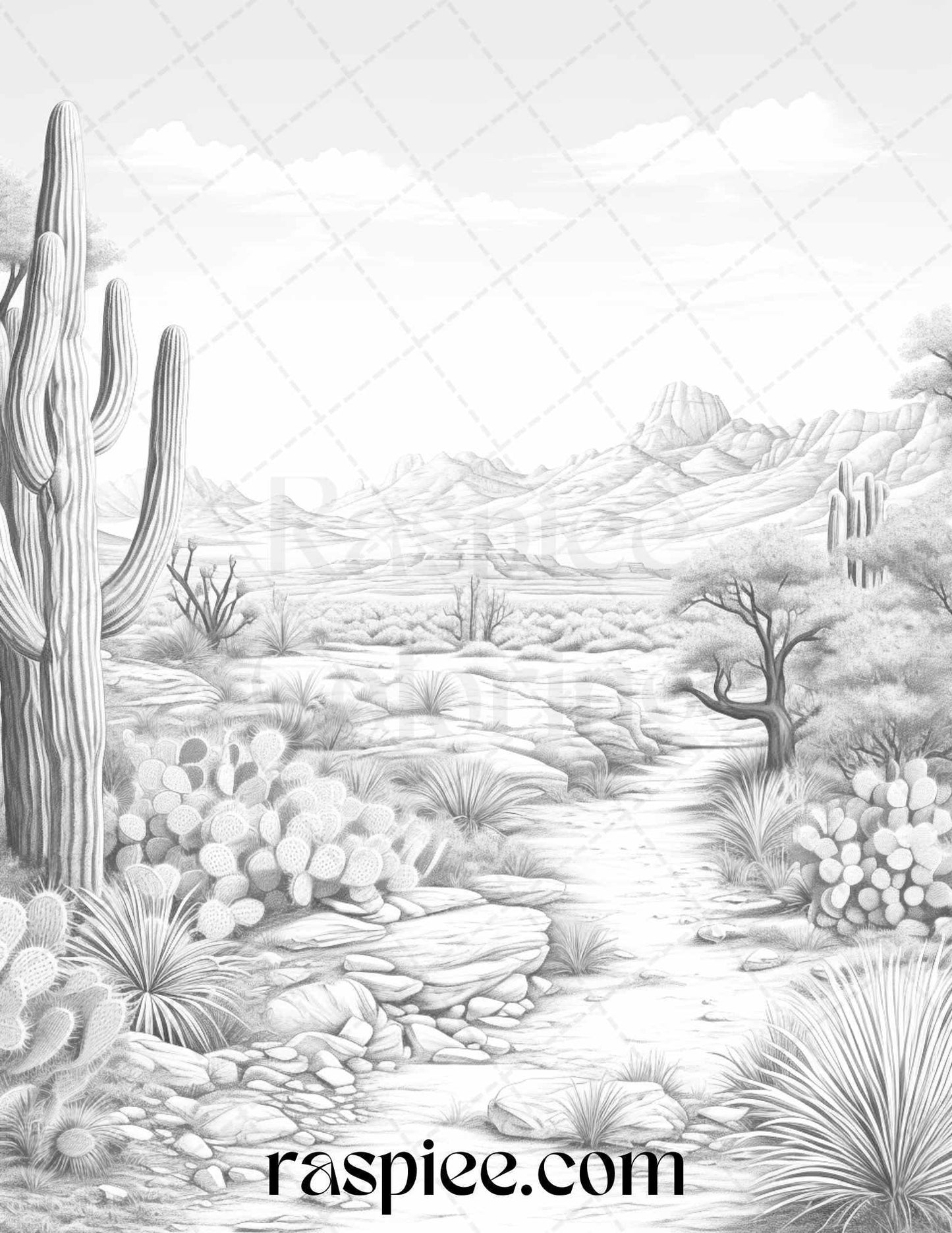 40 Desert Landscapes Grayscale Coloring Pages Printable for Adults, PDF File Instant Download