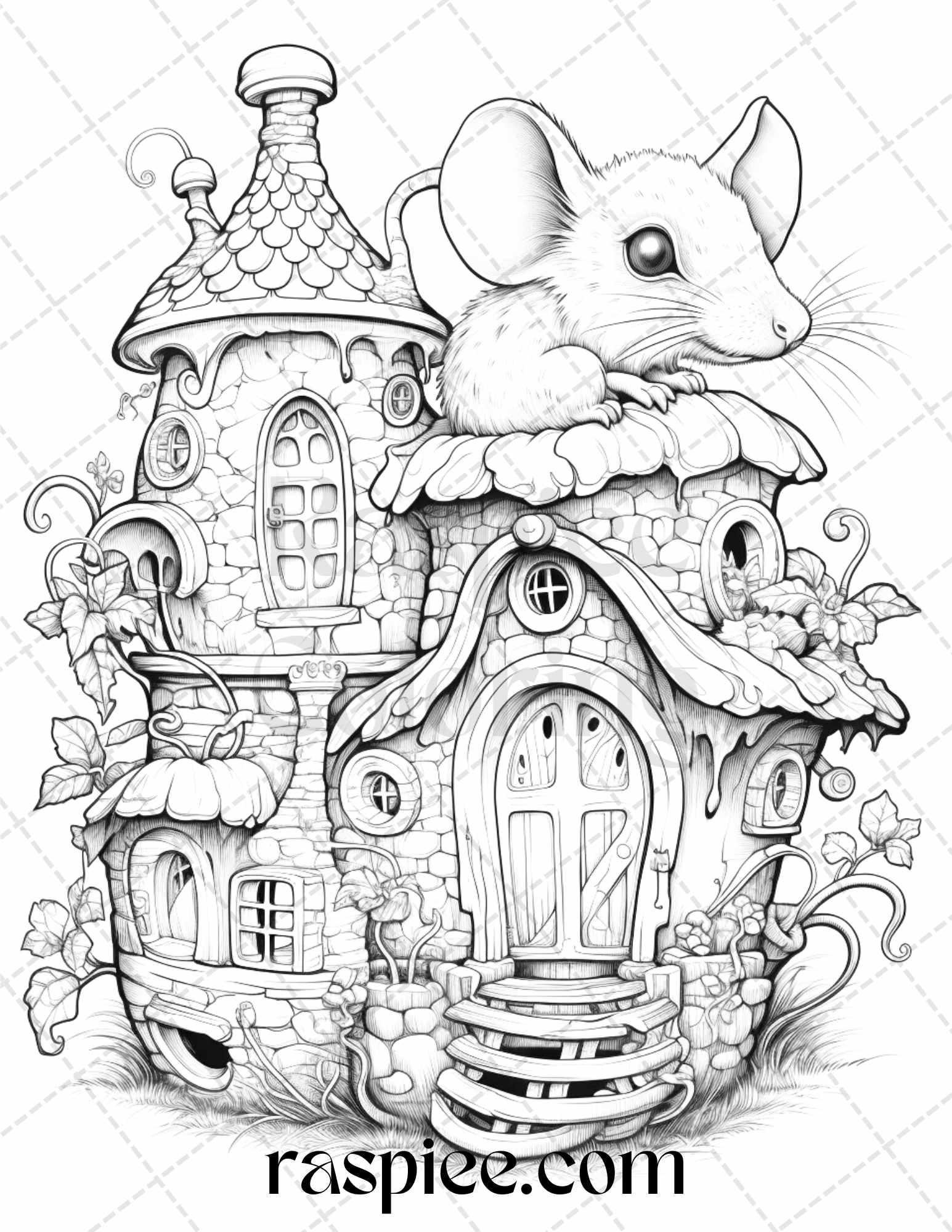 40 Magical Mouse Houses Grayscale Coloring Pages Printable for Adults, PDF File Instant Download