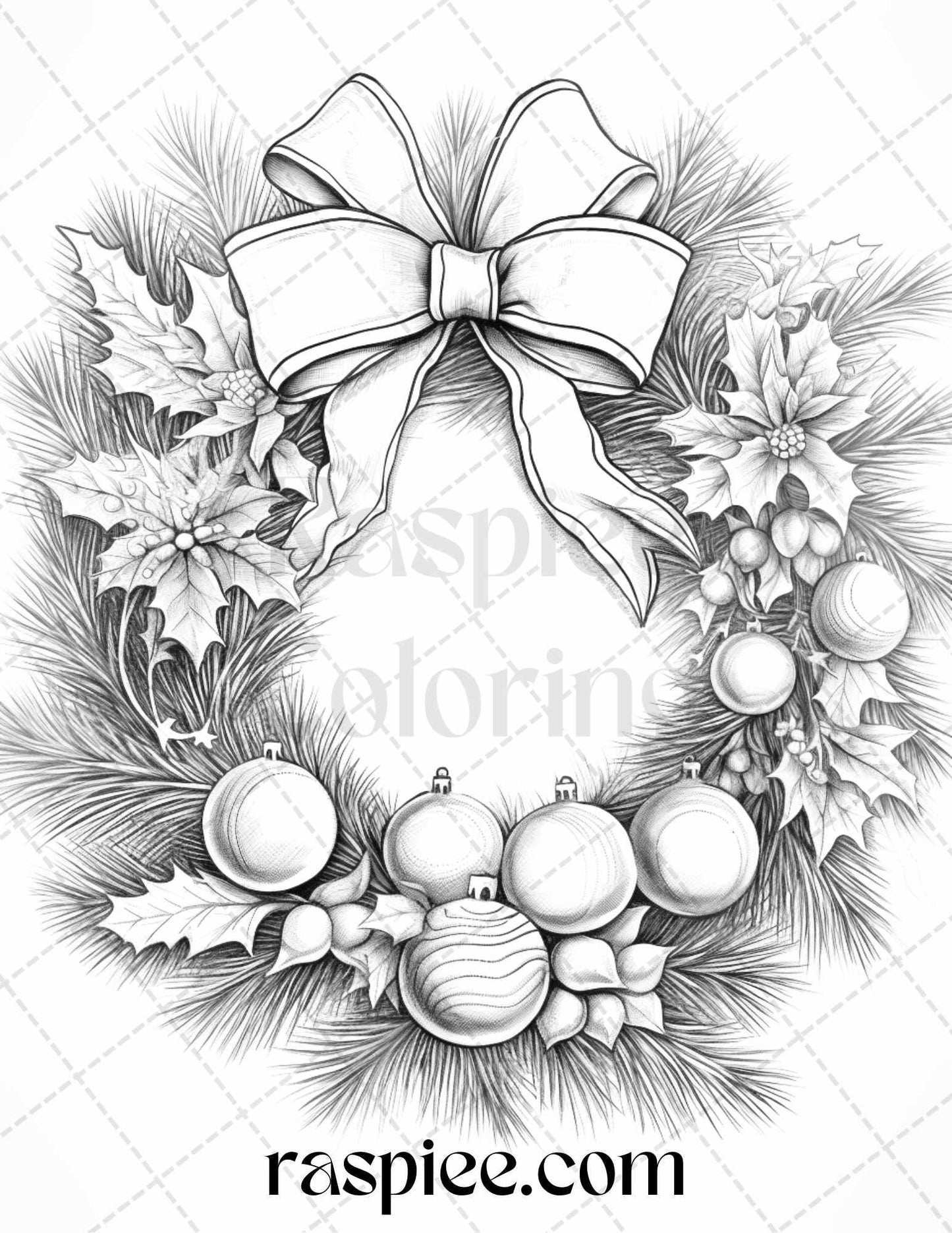 40 Christmas Wreath Grayscale Coloring Pages Printable for Adults, PDF File Instant Download