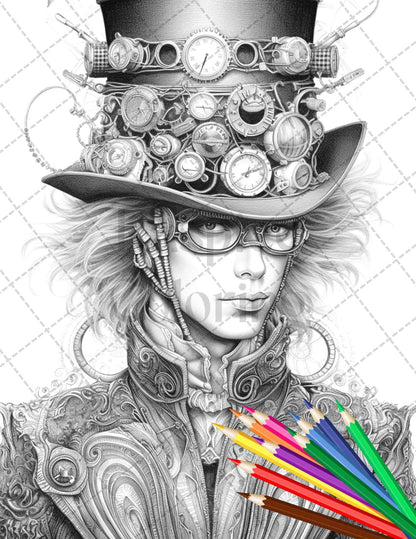 42 Steampunk Mens Grayscale Coloring Pages Printable for Adults, PDF File Instant Download