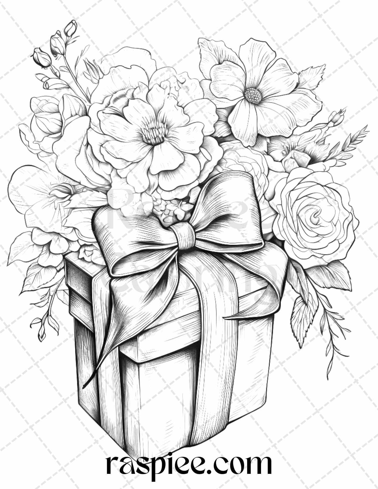 40 Flower Gift Box Grayscale Coloring Pages Printable for Adults Kids, PDF File Instant Download