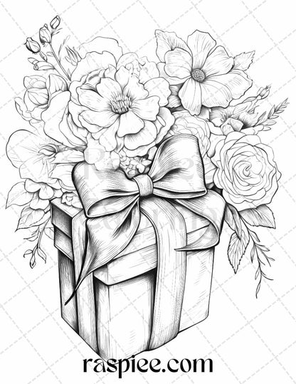 40 Flower Gift Box Grayscale Coloring Pages Printable for Adults Kids, PDF File Instant Download