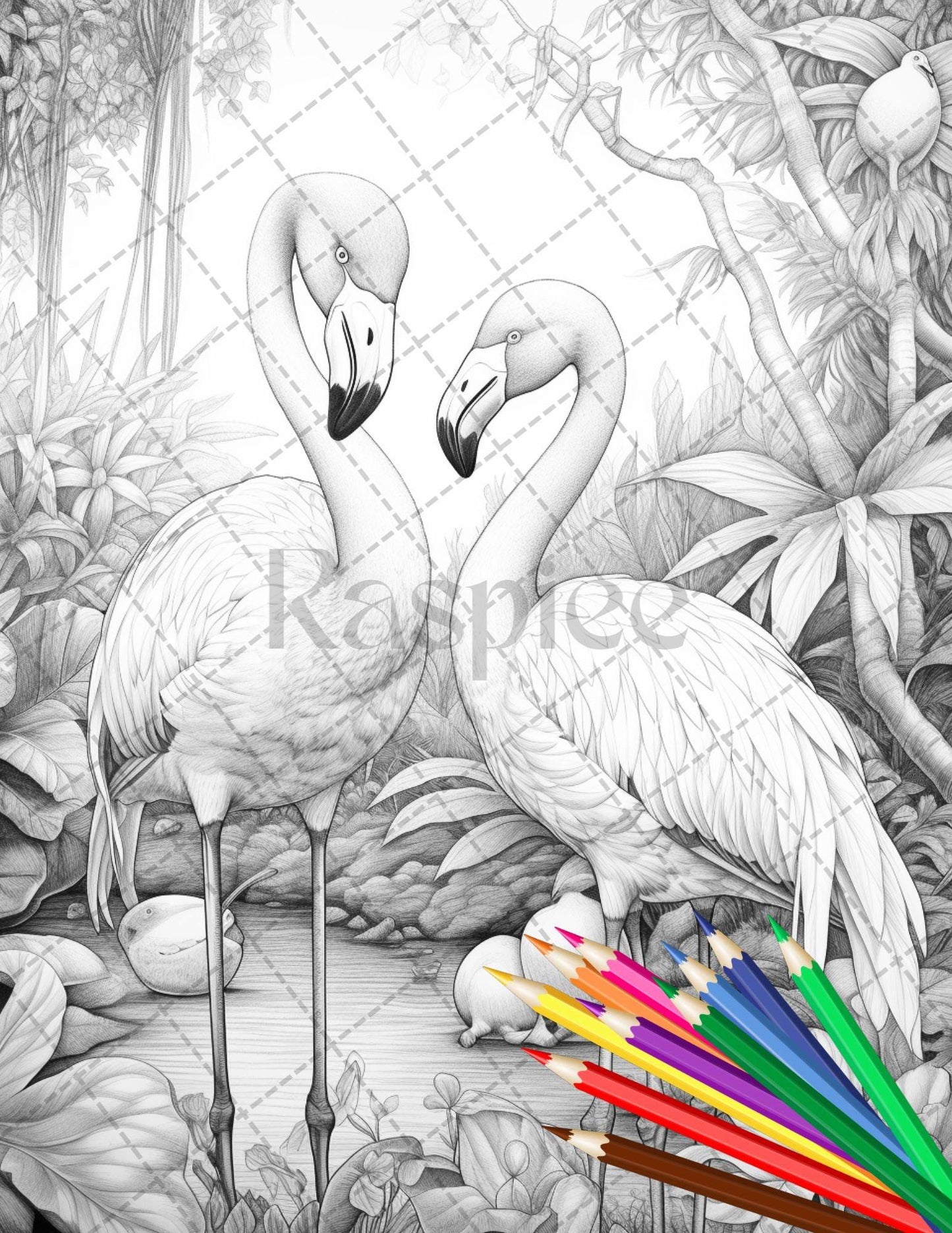 31 Tropical Birds Coloring Book for Adults, Grayscale Coloring Page, Printable PDF Instant Download