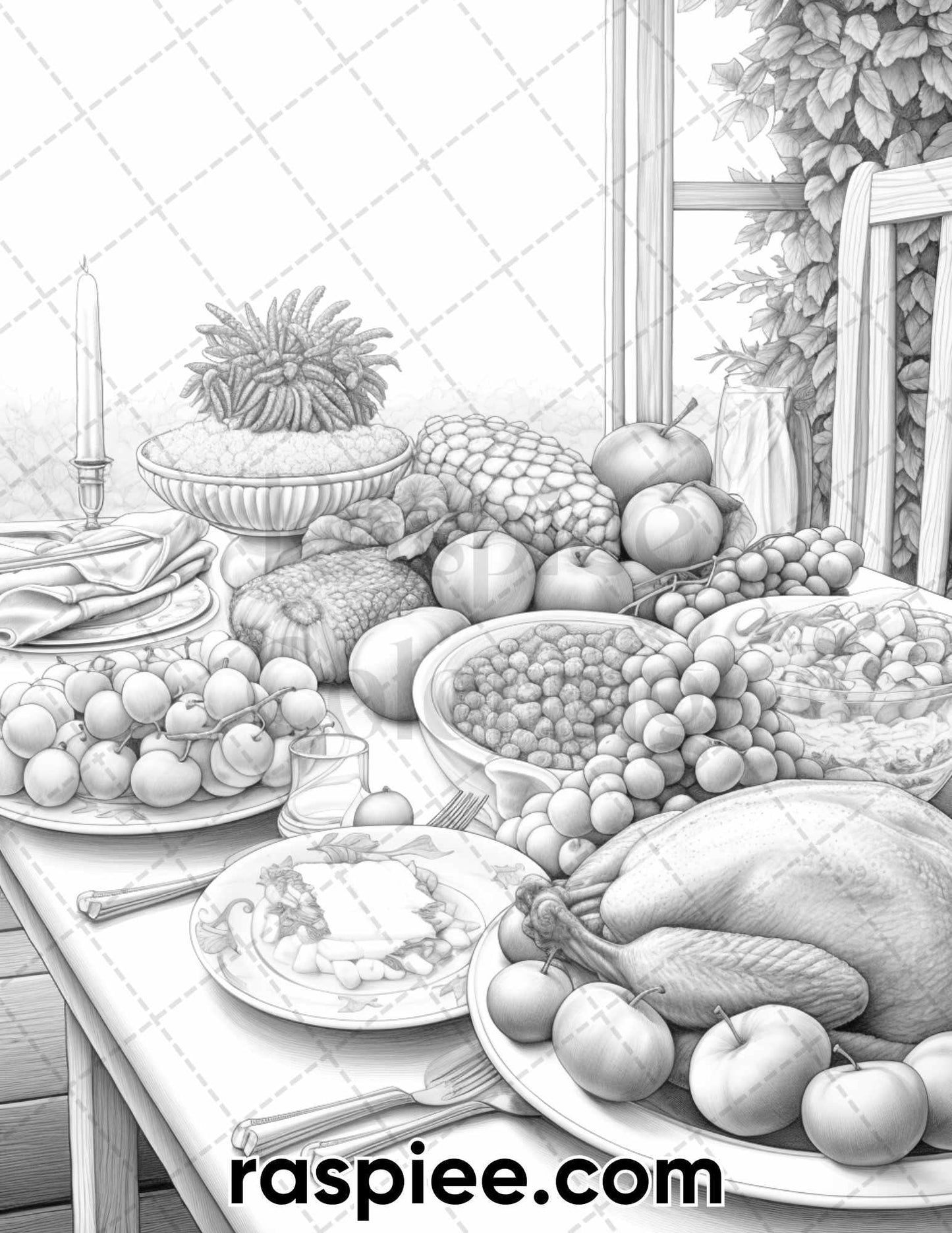 40 Happy Thanksgiving Grayscale Coloring Pages for Adults, Printable PDF Instant Download