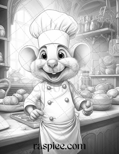 45 Mouse Chef Grayscale Coloring Pages Printable for Adults, PDF File Instant Download