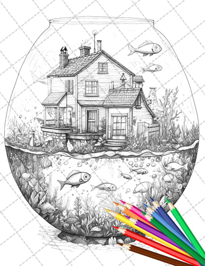 34 Fishtank Houses Coloring Book for Adults, Grayscale Coloring Page, Printable PDF Instant Download