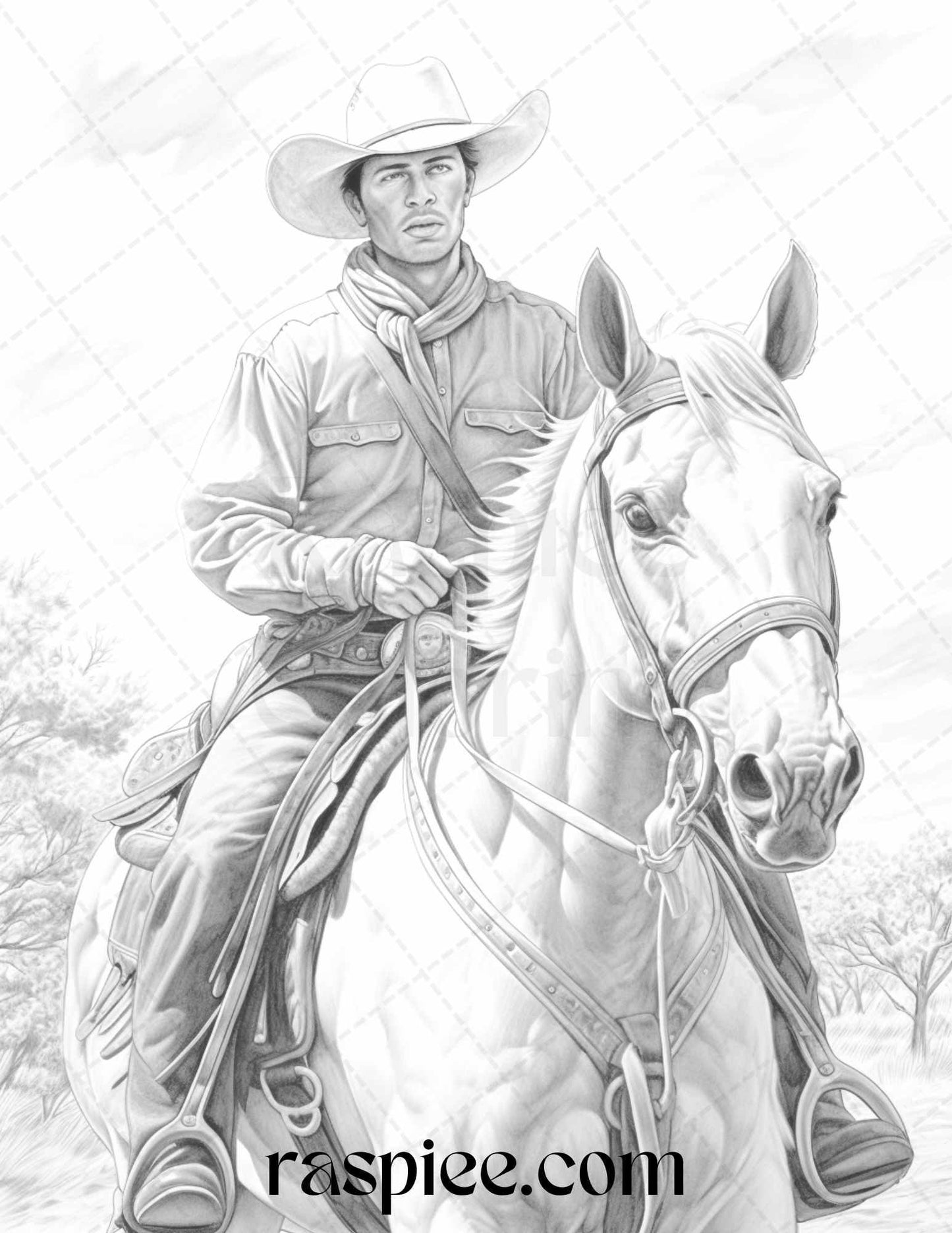 45 Wild West Cowboys Grayscale Coloring Pages Printable for Adults, PDF File Instant Download