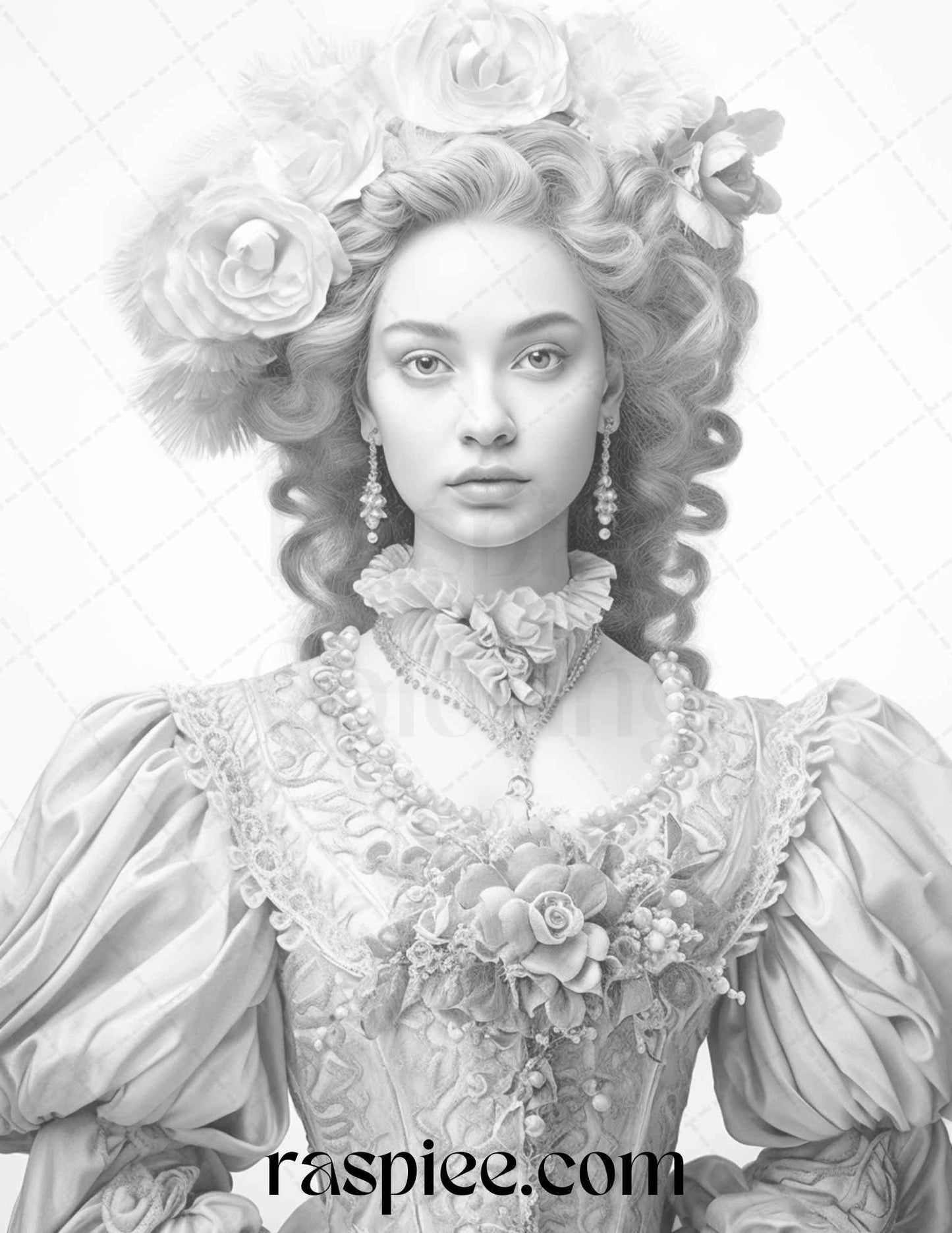 40 Baroque Women Portrait Grayscale Adult Coloring Pages Printable, PDF File Instant Download