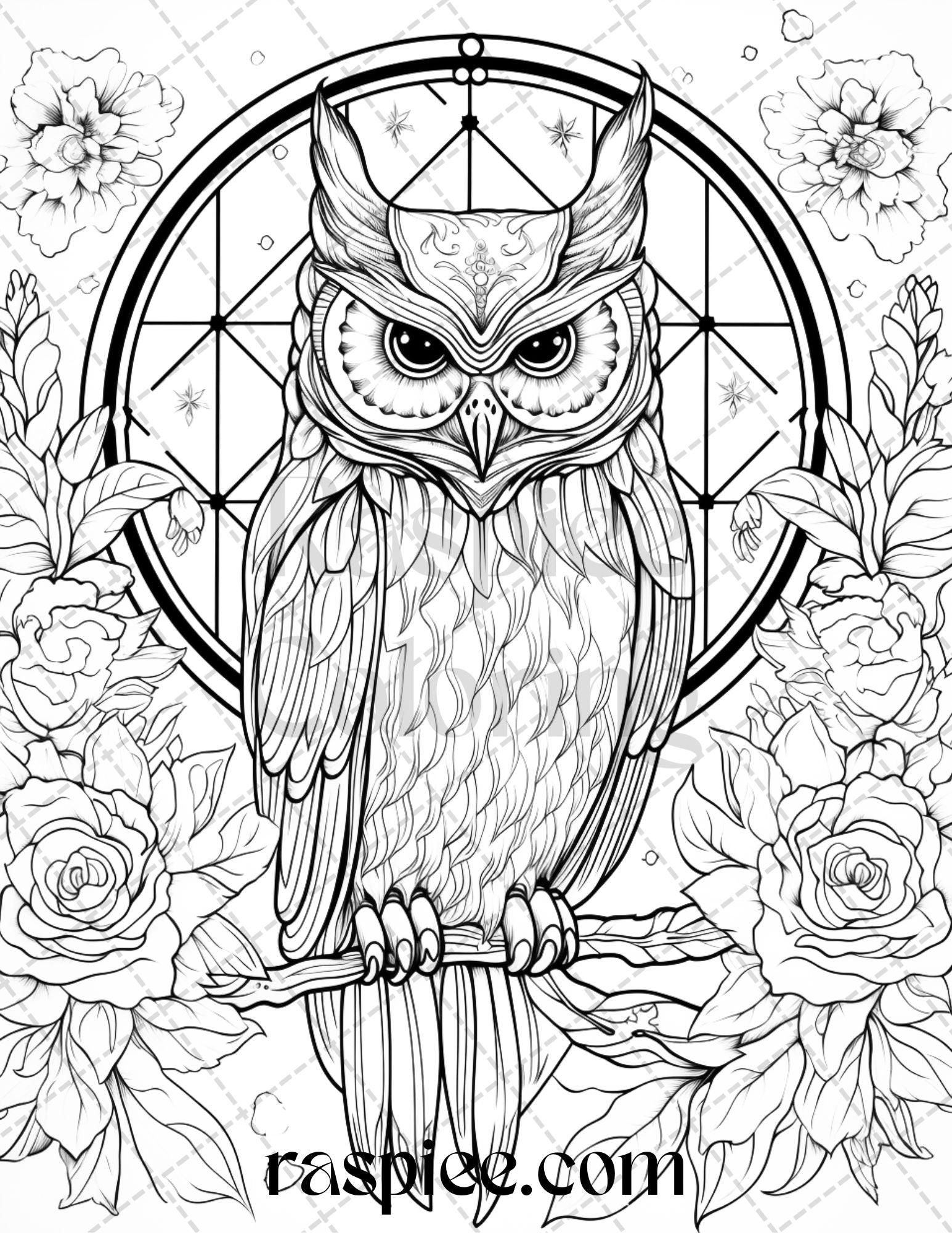 40 Floral Owl Grayscale Printable Coloring Pages for Adults, PDF File Instant Download