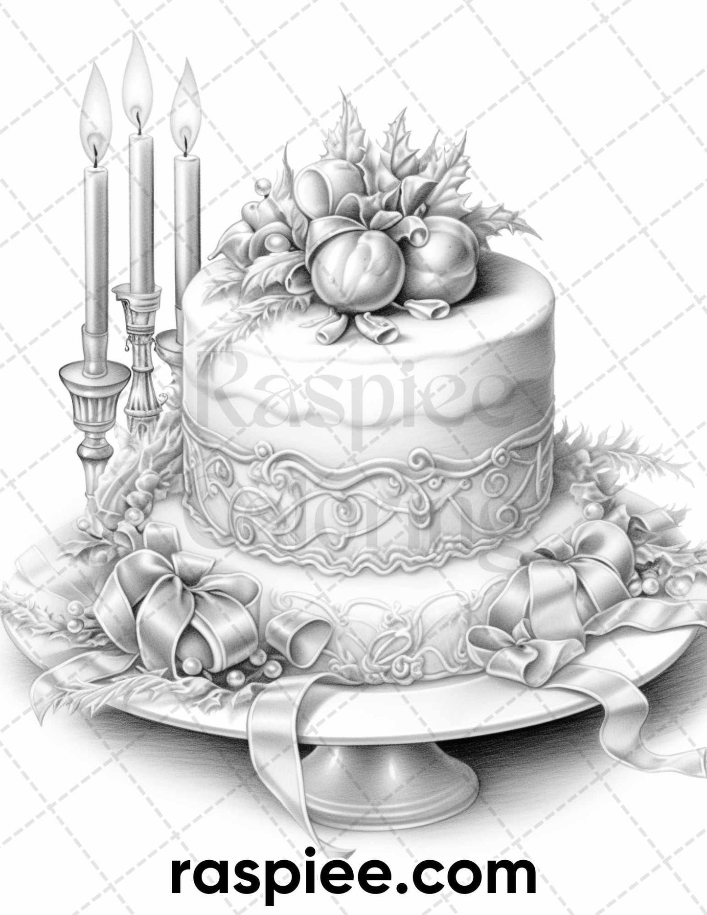 45 Christmas Cakes Grayscale Coloring Pages for Adults, Printable PDF File Instant Download