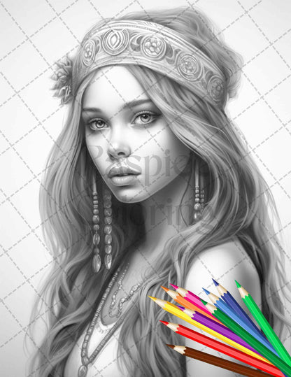 43 Beautiful Hippie Girls Grayscale Coloring Pages Printable for Adults, PDF File Instant Download