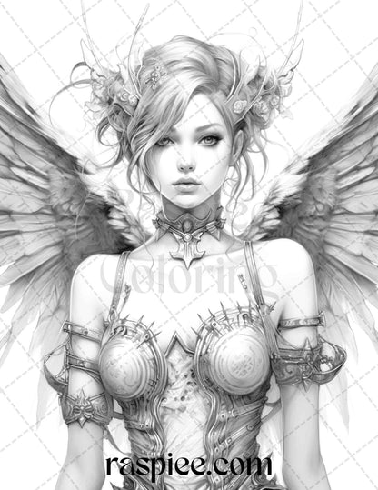 42 Enchanting Angels Grayscale Coloring Pages Printable for Adults, PDF File Instant Download