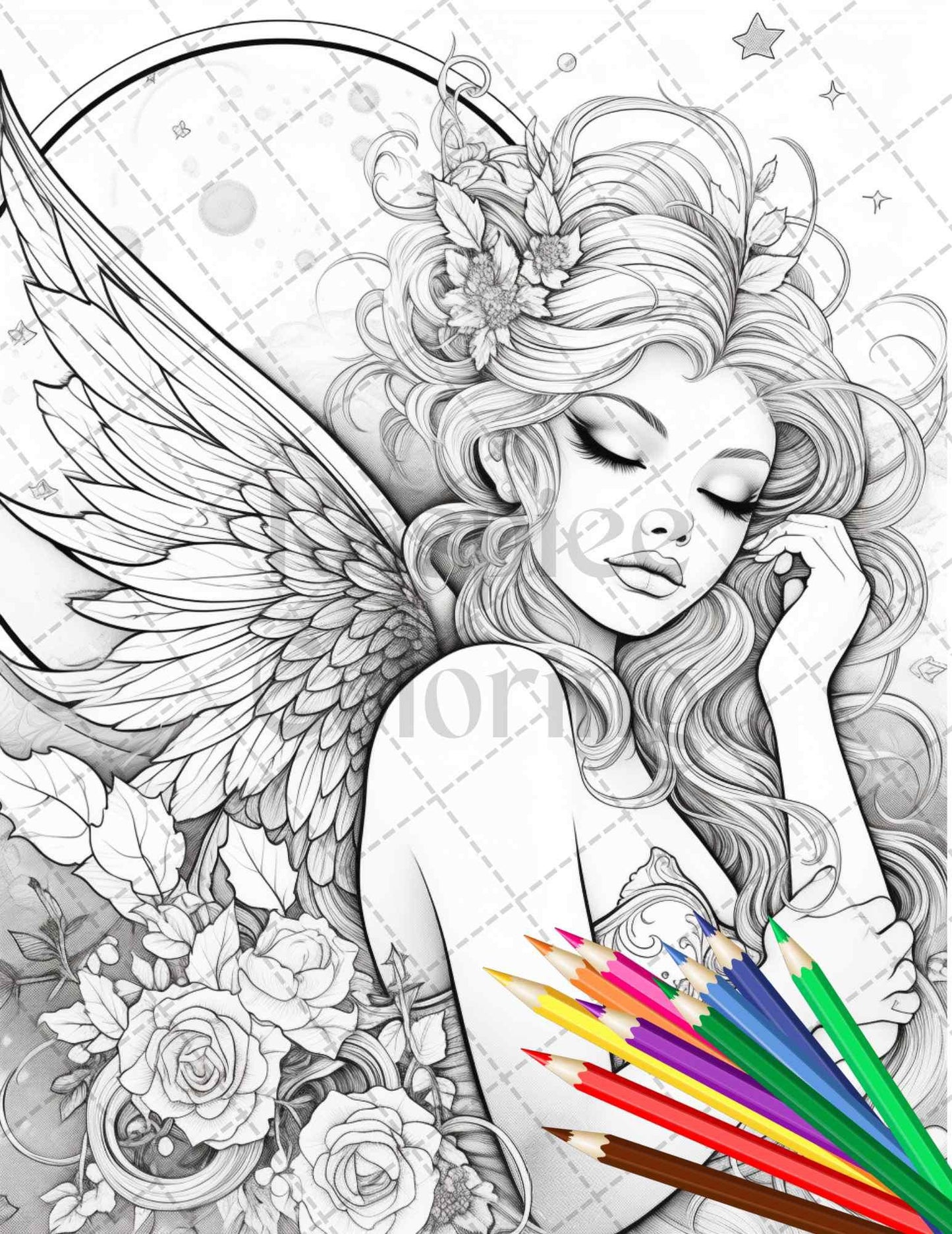 34 Beautiful Moon Fairies Grayscale Coloring Pages Printable for Adults, PDF File Instant Download