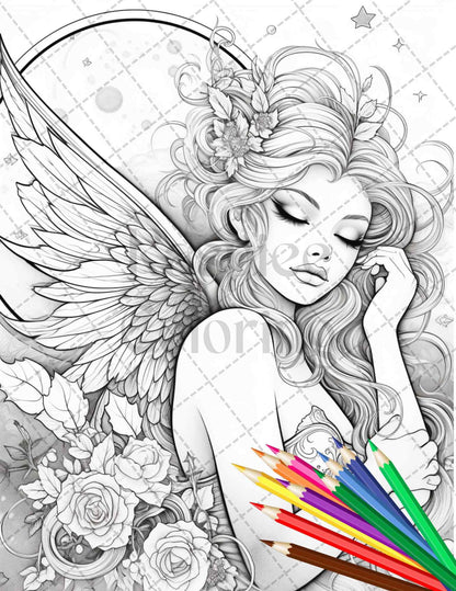 34 Beautiful Moon Fairies Grayscale Coloring Pages Printable for Adults, PDF File Instant Download