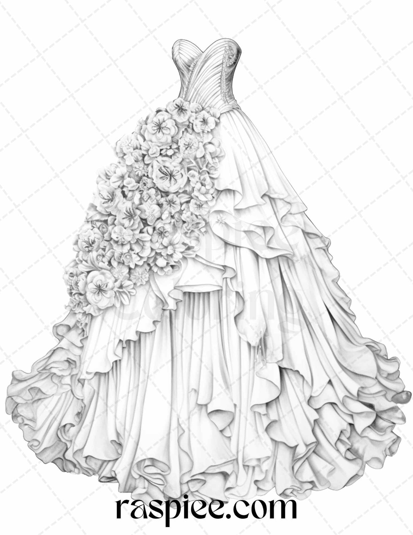 40 Elegant Floral Wedding Dresses Grayscale Coloring Pages Printable for Adults, PDF File Instant Download