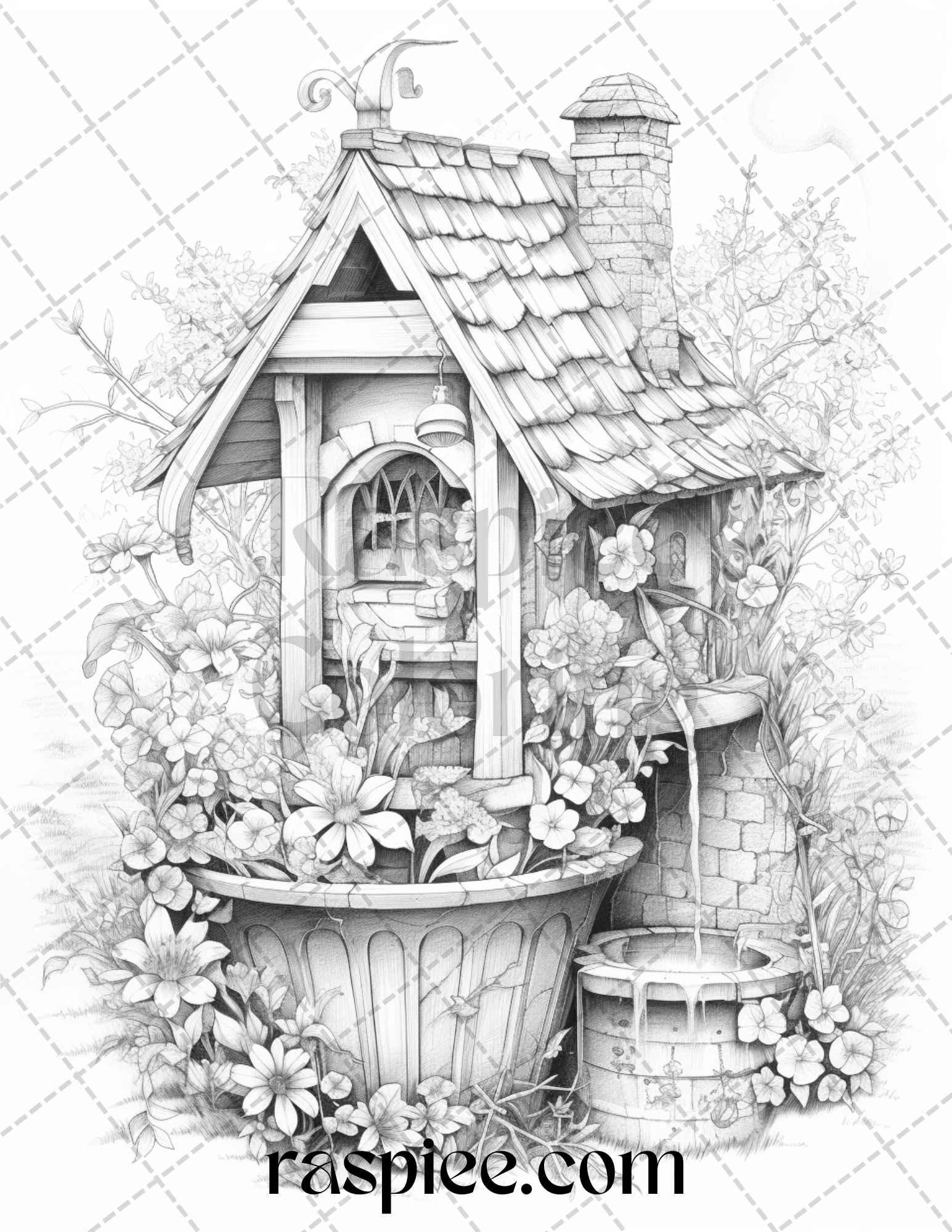 40 Whimsical Wishing Wells Grayscale Coloring Pages Printable for Adults, PDF File Instant Download