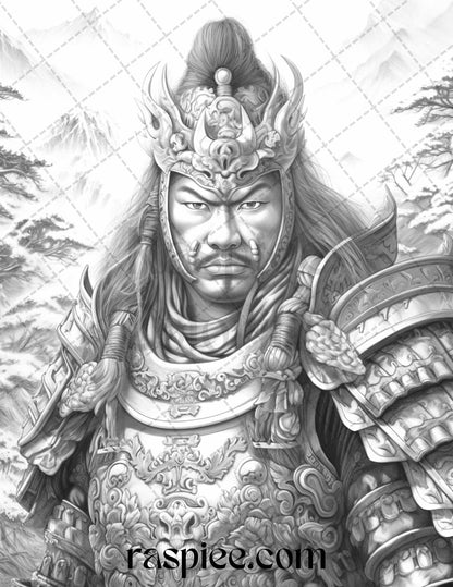 42 Japanese Samurai Grayscale Coloring Pages for Adults, Printable PDF File Instant Download