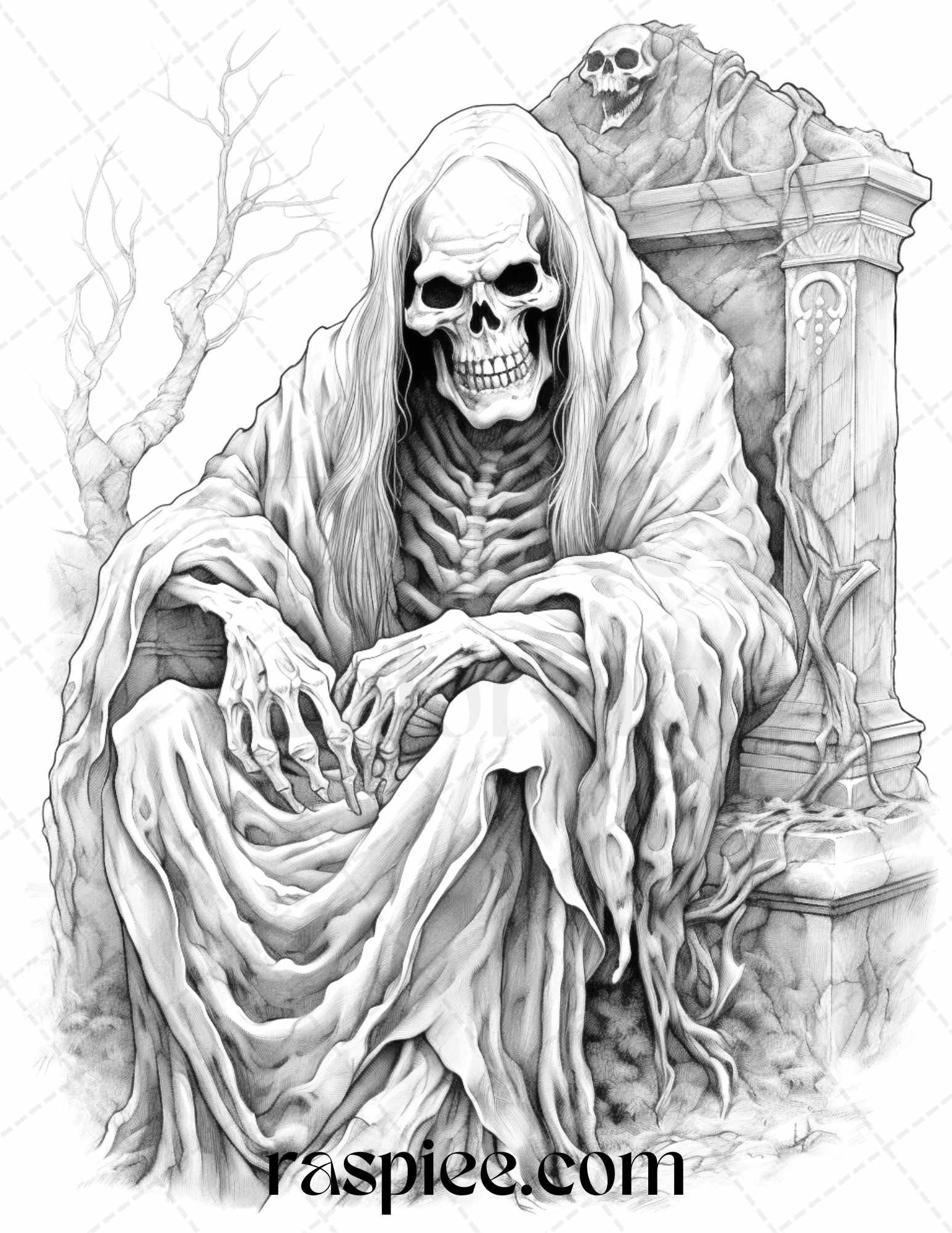 Ghoulish Halloween Grayscale Coloring Pages Printable for Adults, PDF File Instant Download