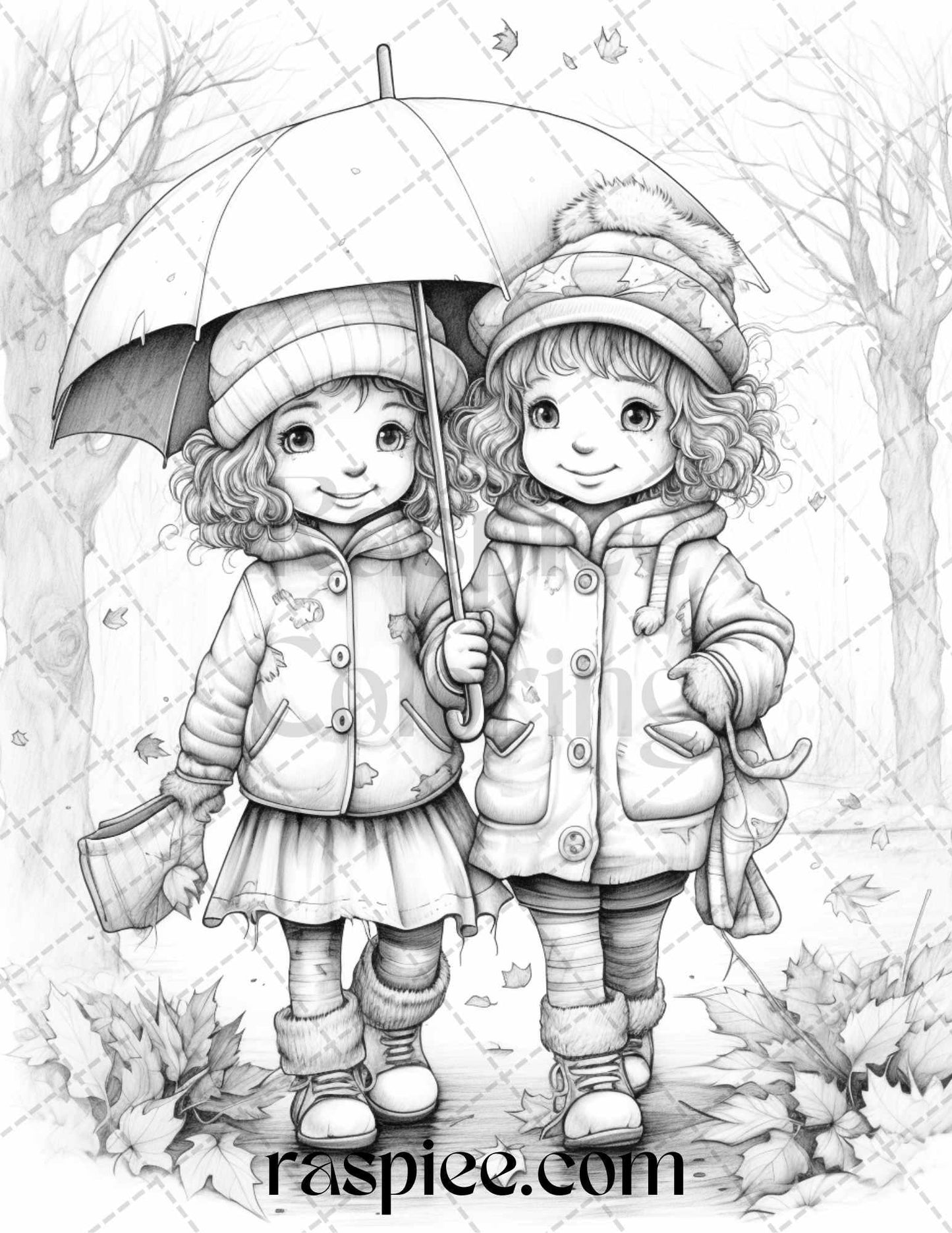 40 Rainy Autumn Day Grayscale Coloring Pages Printable for Adults and Kids, PDF File Instant Download