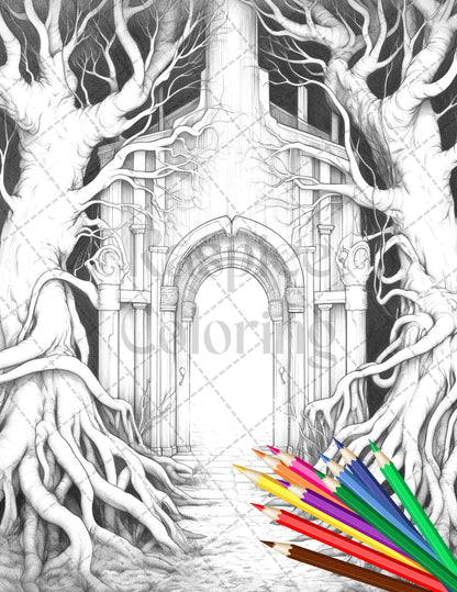 40 Magical Forest Gates Grayscale Coloring Pages Printable for Adults, PDF File Instant Download