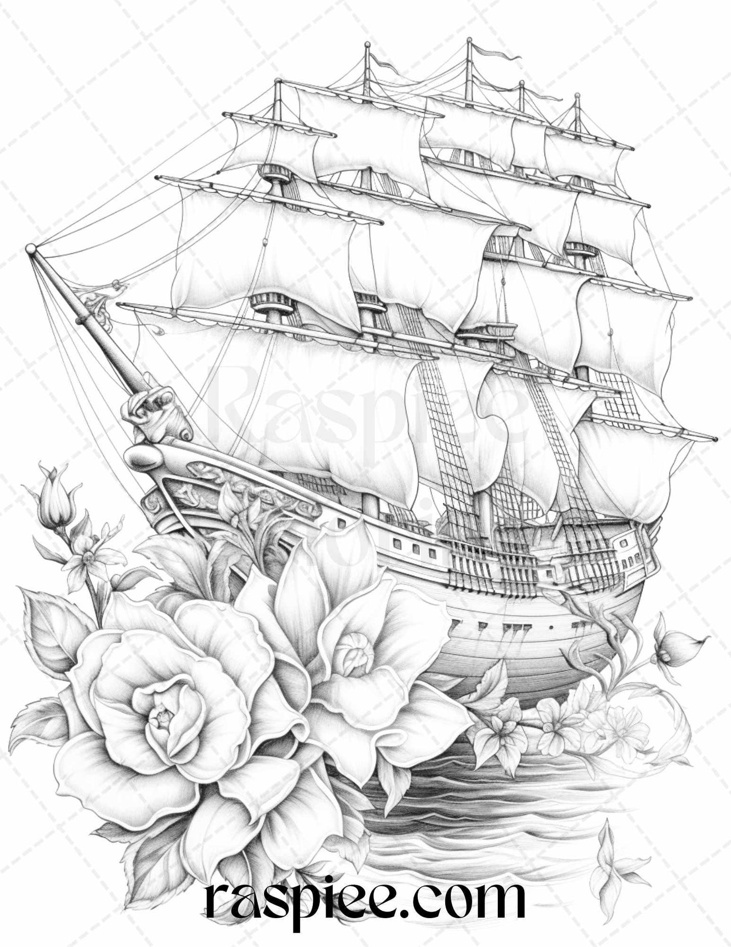 44 Flower Ships Graysale Coloring Pages Printable for Adults, PDF File Instant Download