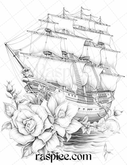 44 Flower Ships Graysale Coloring Pages Printable for Adults, PDF File Instant Download