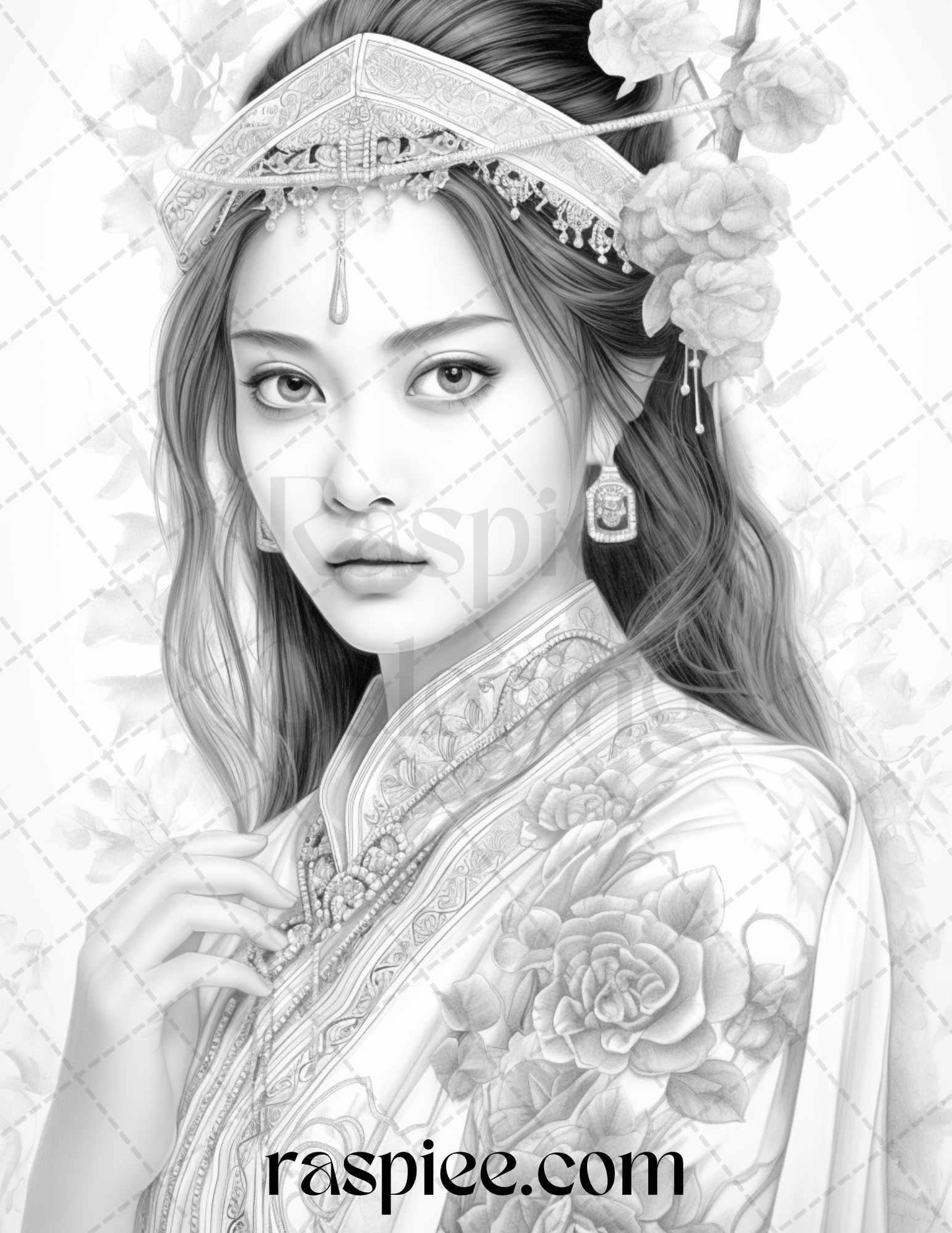 40 Beautiful Chinese Girls Grayscale Coloring Pages for Adults, Printable PDF File Instant Download