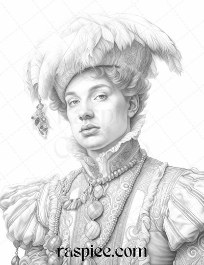 50 Baroque Man Portrait Grayscale Graysale Coloring Pages Printable for Adults, PDF File Instant Download