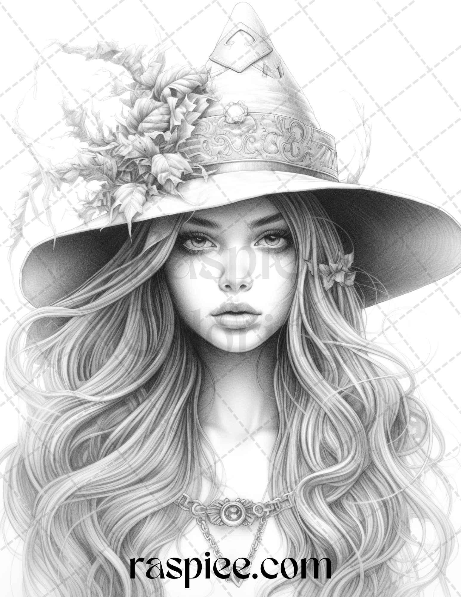 40 Beautiful Witches Grayscale Coloring Pages Printable for Adults, PDF File Instant Download