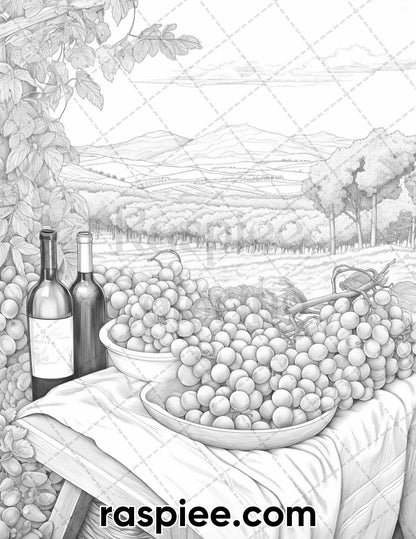 40 Spring Vineyard Grayscale Adult Coloring Pages, Printable PDF Instant Download