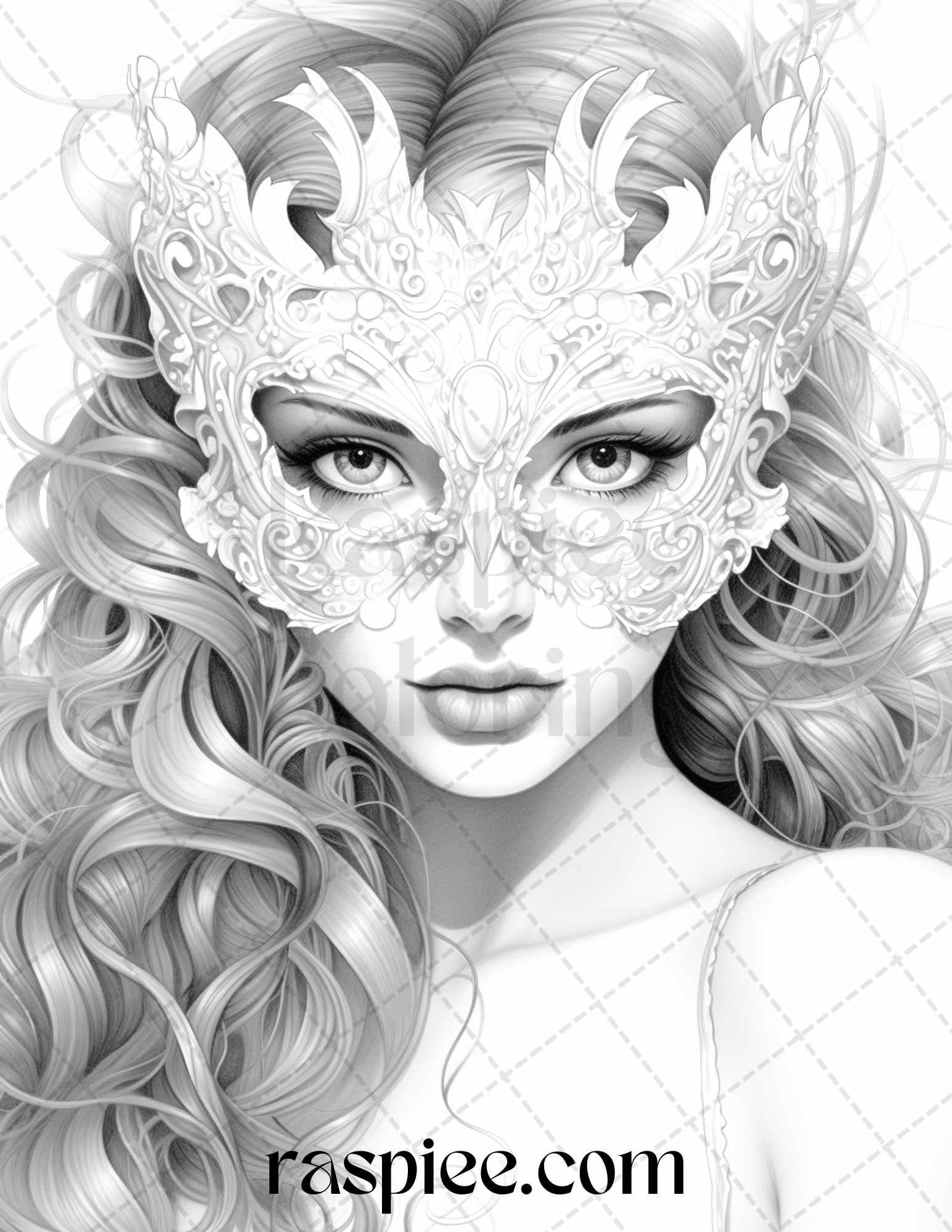 40 Masquerade Girls Grayscale Coloring Pages Printable for Adults, PDF File Instant Download