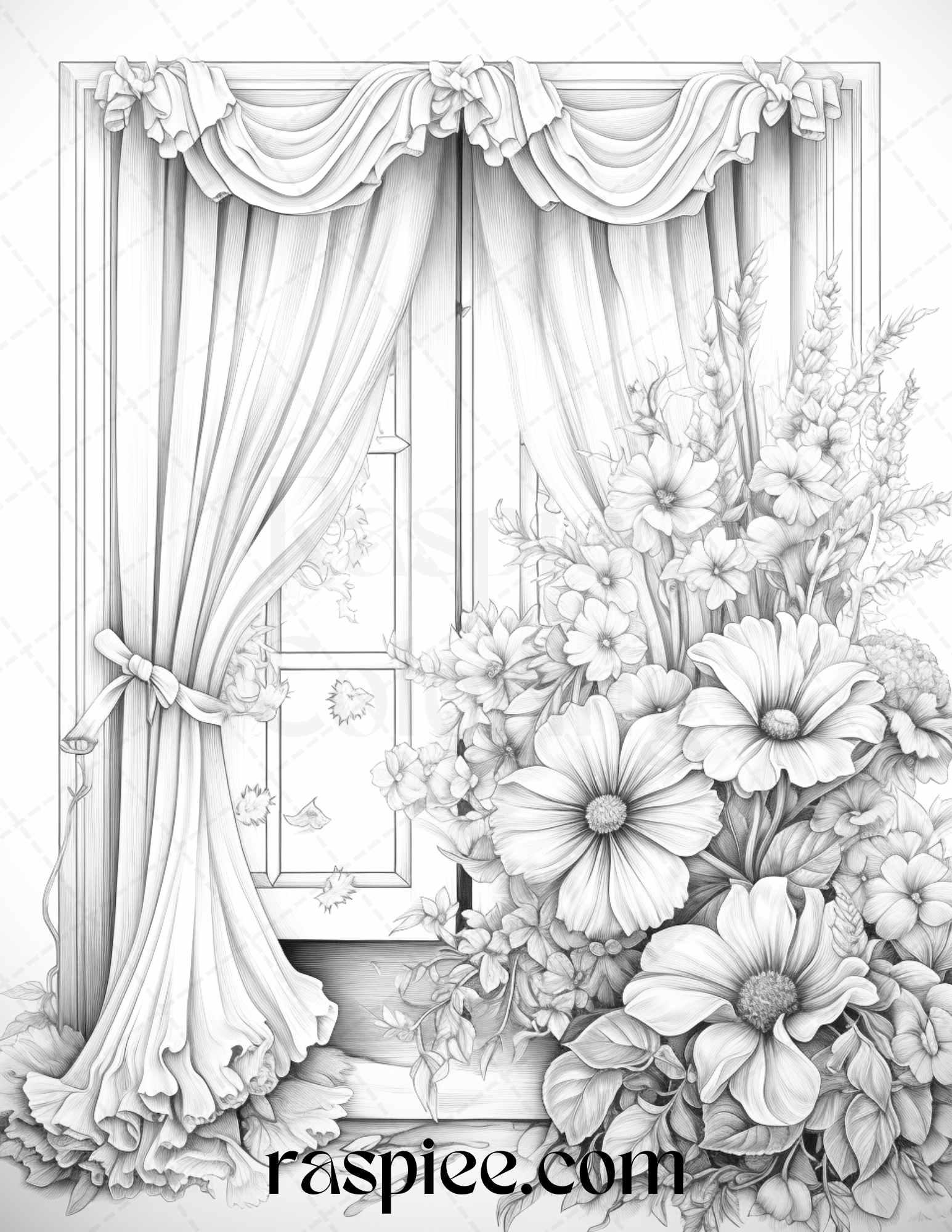 50 Blooming Windows Grayscale Coloring Pages Printable for Adults, PDF File Instant Download